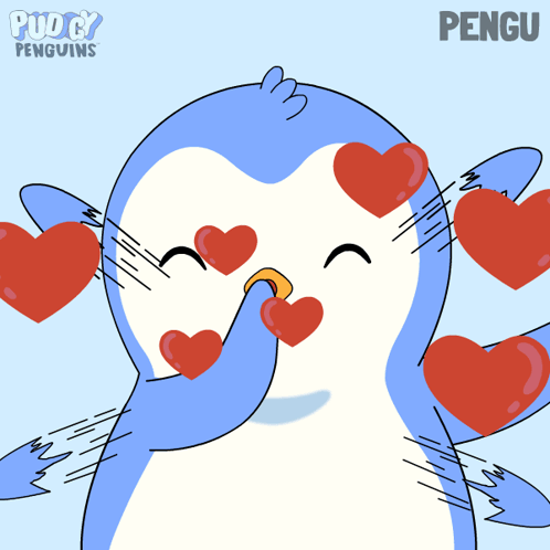 A blue cartoon penguin sends red hearts outward with an affectionate gesture.