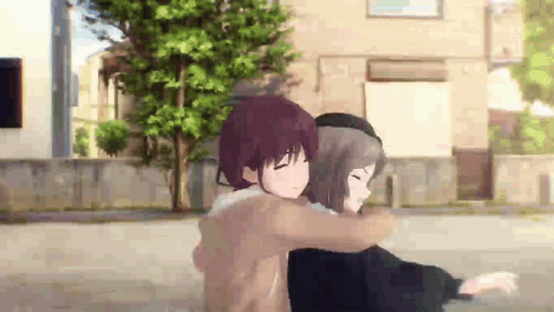 a couple of anime girls hugging each other on the street .