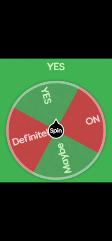 A spinning wheel contrasts green “YES” with red “NO.”