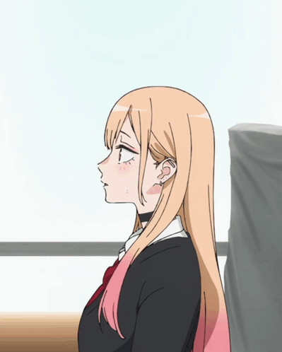 A blonde anime girl in profile blushes while looking away.