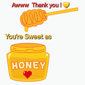 An orange pointing hand holds a sign reading “Awww Thank you! You’re sweet as honey.”