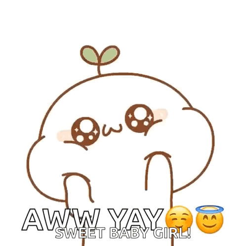 A sprout-topped white cartoon character looks up with glossy eyes beneath “AWW YAY.”