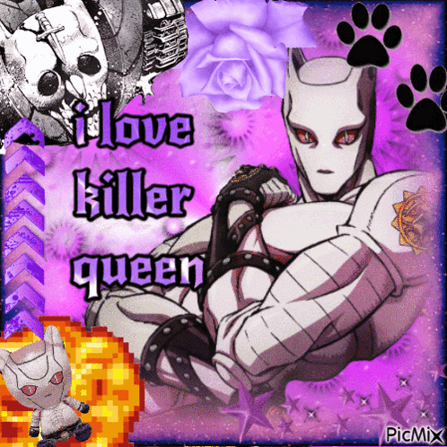 a picture of killer queen from jojo 's bizarre adventure with a purple background