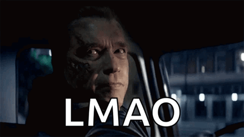 arnold schwarzenegger is driving a car and says lmao on the screen