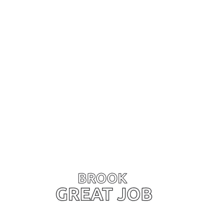 Minimal text reads “BROOK GREAT JOB” on a white card.