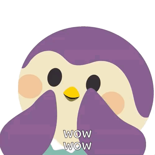 A purple cartoon penguin holds its cheeks in delighted surprise.
