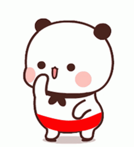 A blushing panda-like cartoon character dances in red shorts.