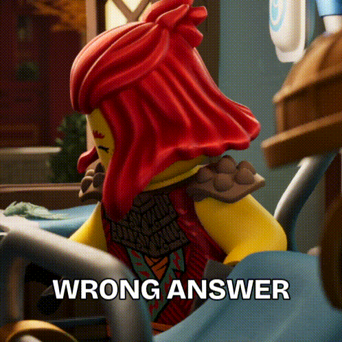 a lego figure with red hair is sitting on a bed with the words wrong answer written below it