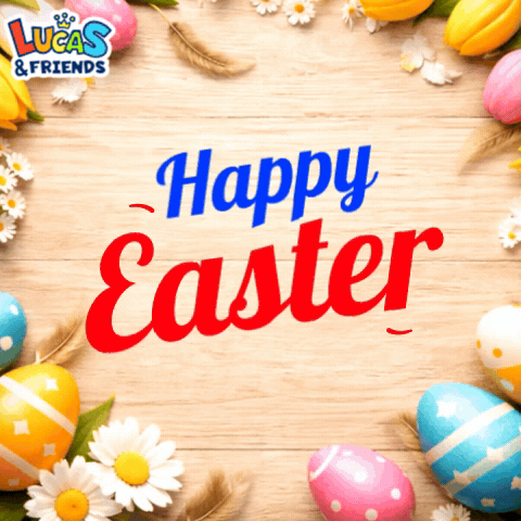 a wooden background with eggs and flowers and the words happy easter
