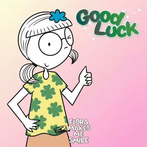A cartoon girl gives a thumbs-up beside a “Good Luck” message on a pink background.