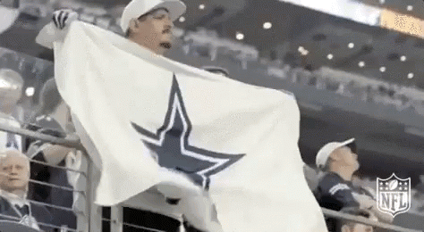 a man is holding a white flag with a cowboys star on it in a stadium .