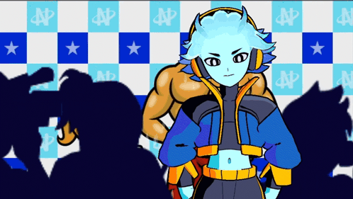 a cartoon character wearing headphones is standing in front of a checkered background with ap letters