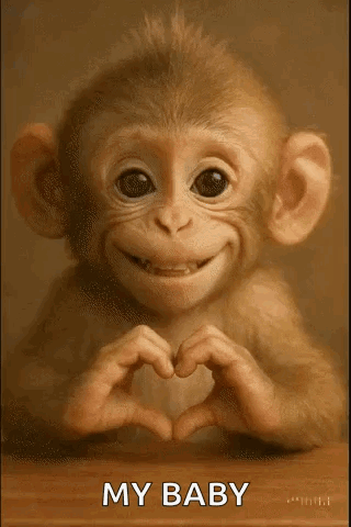 A baby monkey forms a heart with its hands beneath “MY BABY.”