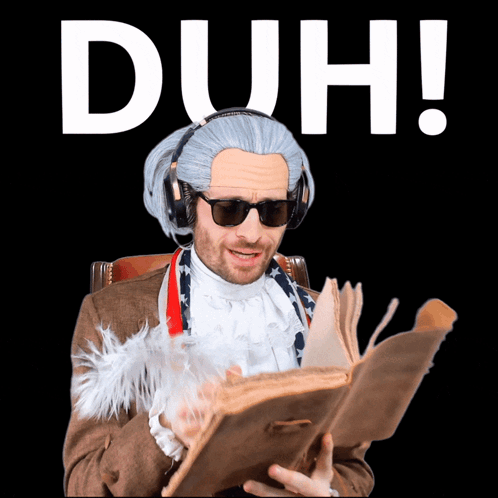 A stylized man in sunglasses and a white jacket is framed under huge “DUH!” text.