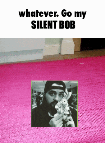 Silent Bob image stands on pink carpet under a meme caption.
