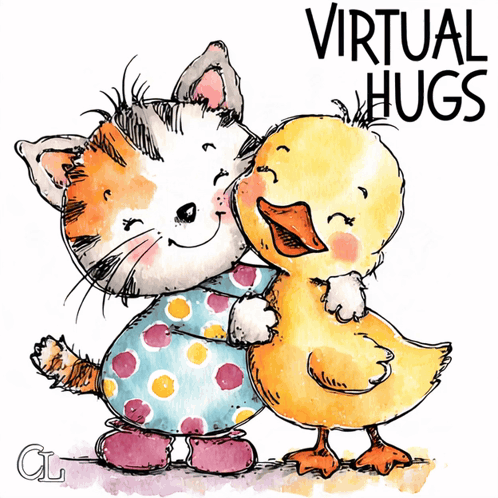 a drawing of a cat and a duck hugging with the words virtual hugs above them