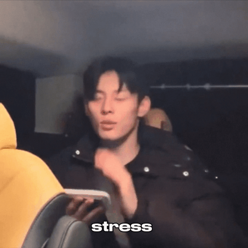 A young man gestures tensely in a dim car, captioned “stress.”