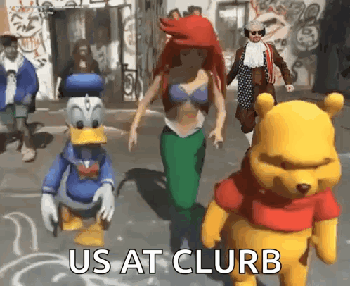 donald duck , ariel , and winnie the pooh are walking down the street