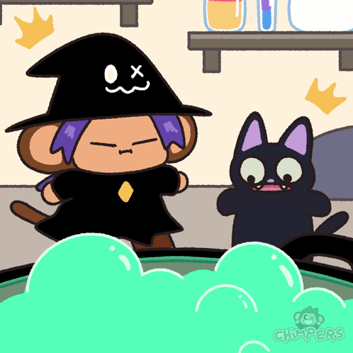 a cartoon of a monkey in a witch costume and a black cat in a cauldron