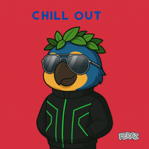 A sunglasses-wearing cartoon bird in a dark hoodie appears under “CHILL OUT.”