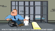 a cartoon of a man in a wheelchair and a dog in front of a prison cell