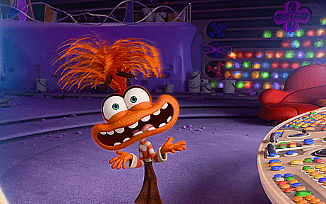 a cartoon character with orange hair is standing in a room with purple walls