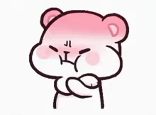 A pink cartoon bear folds its arms with an angry pout.