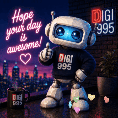 A friendly robot holds a heart beside “Hope your day is awesome!”