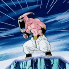 a cartoon character is standing on top of a snow covered mountain