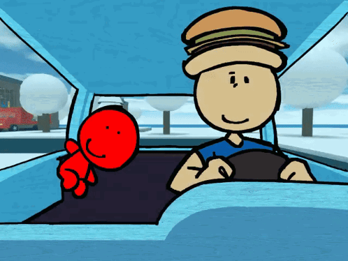 a cartoon character is driving a car with a hamburger on his hat