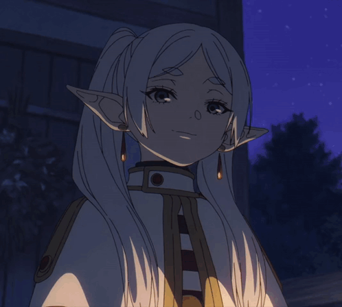 a girl with white hair and elf ears reaches out her hand towards the camera