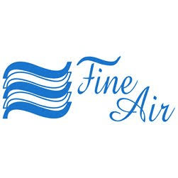 the logo for fine air is a blue and white logo with a blue swirl .