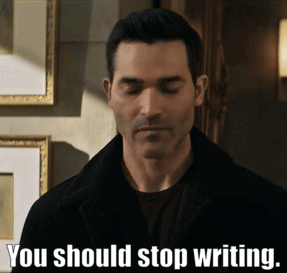 a man with his eyes closed and the words you should stop writing