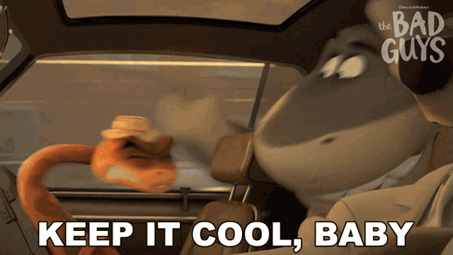 Mr. Shark and Mr. Snake ride in a vehicle as the caption says “KEEP IT COOL, BABY.”
