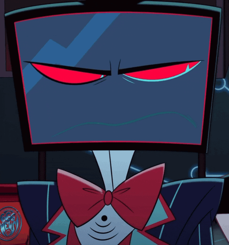 a cartoon character with red eyes and a bow tie is looking at the camera