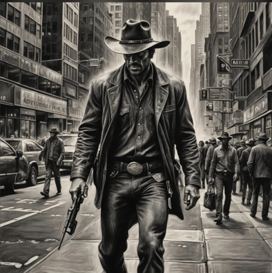 a man in a cowboy hat is walking down a city street with a sign that says one way