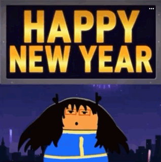 a happy new year sign with a cartoon character in front of it