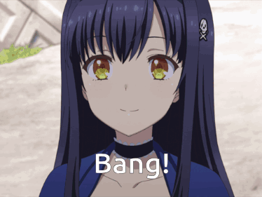Kamome from Summer Pockets smiles and makes a finger-gun pose with “Bang!” text.