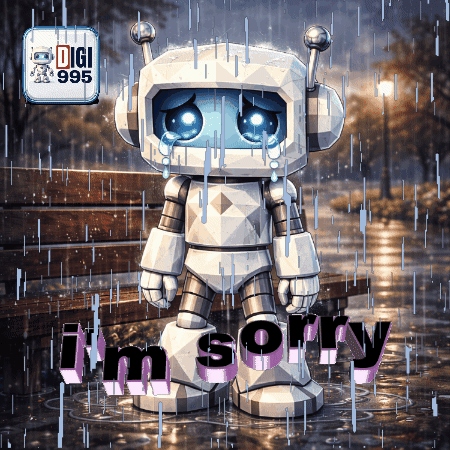 a crying robot with the words i 'm sorry written below it