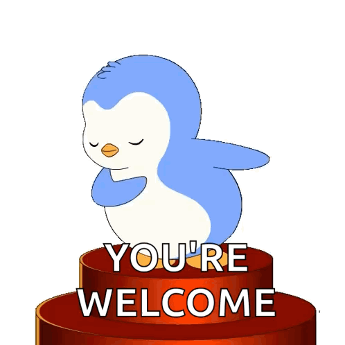 A blue cartoon penguin bows from a red pedestal with “YOU’RE WELCOME” across it.