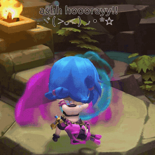 a cartoon character says ashh hooorayy in a video game