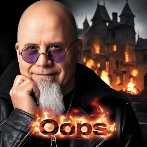 A bald man with sunglasses rests his face on his hand in front of a fiery castle, with “Oops” text.