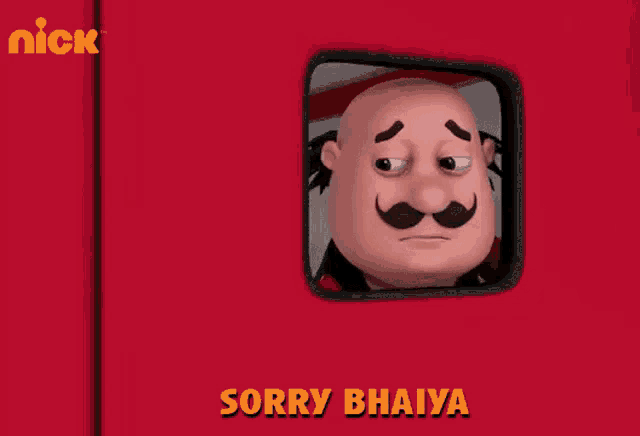 a cartoon character with a mustache and the words sorry bhaiya on the bottom