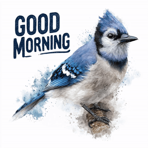 a blue jay sitting on a branch with the words " good morning " written below it
