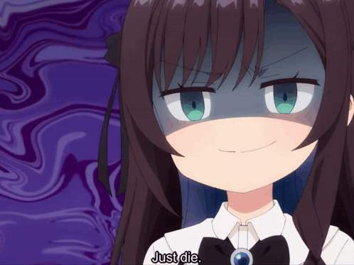 A chibi anime receptionist smiles with a sly, irritated expression.