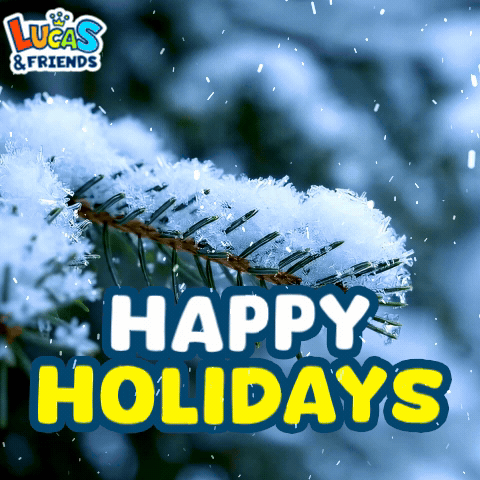 a picture of a snowy tree branch with the words happy holidays