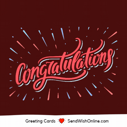 A red burst graphic displays a large cursive Congratulations caption.