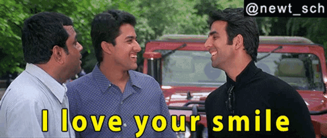 three men are laughing in front of a red car with the words i love your smile on the bottom