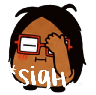 A cartoon person with red glasses facepalms as the word “sigh” appears.