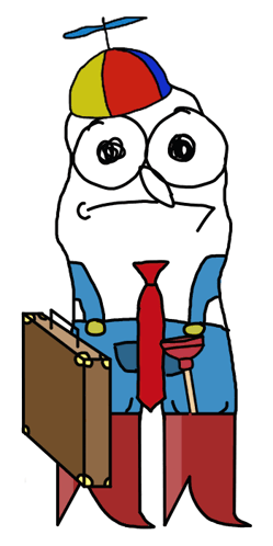 A cartoon white character in a propeller cap stands with luggage looking disgusted.